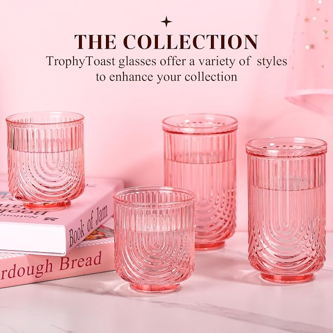 Pink Vintage Drinking Glasses Set of 6-15oz Hand-Blown Highball Ribbed Glassware - Image 7