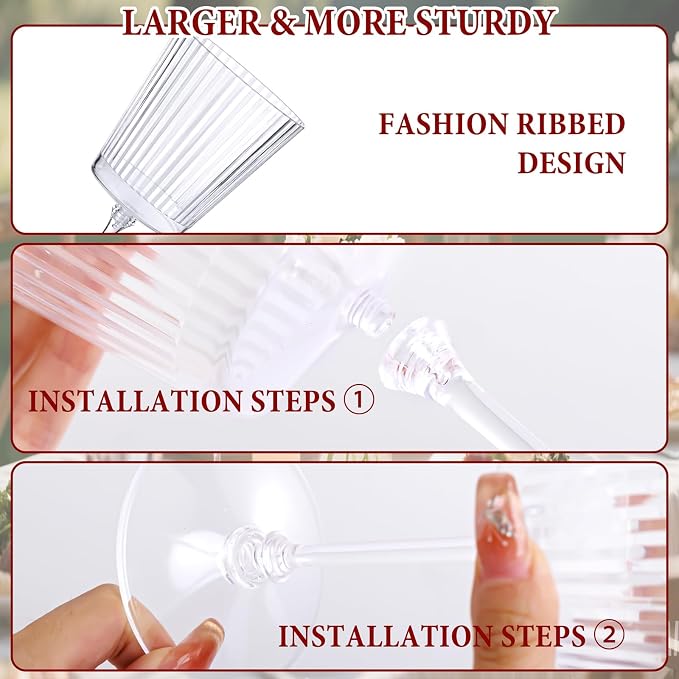 LIYH 20 Pcs Plastic Ribbed Wine Glasses 13.5 Oz, Plastic Goblets Vintage Style - Image 2