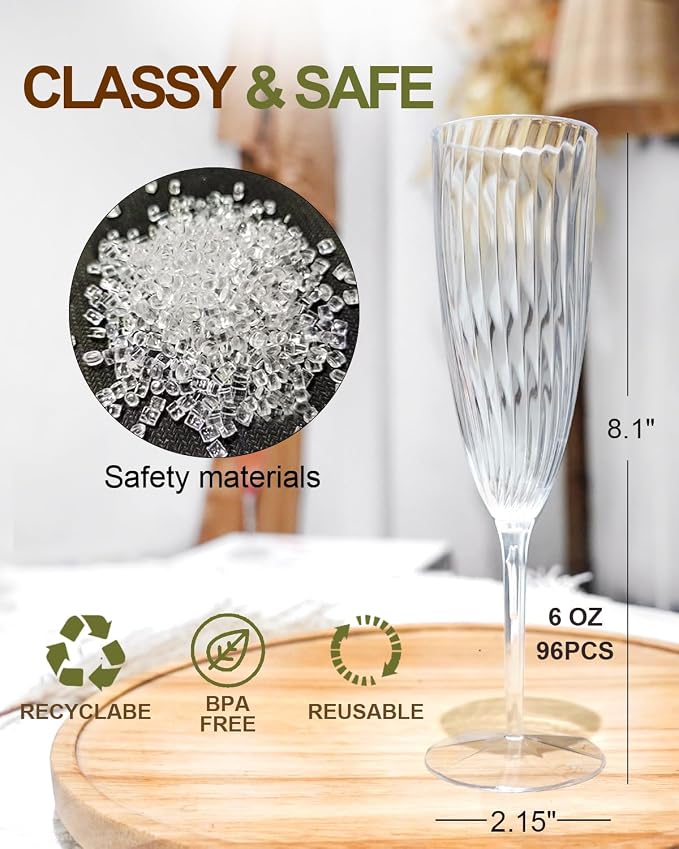 96 Pack Plastic Champagne Flutes, 6 Oz Clear Disposable Wine Glasses | Elegant - Image 3