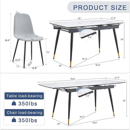 Extendable Dining Table Set for 4, 55'' to 78.8'' Rectangular Thickened Sintered Stone Kitchen Table with 4 Upholstered Chairs, Modern Space Saving 5-Piece Dinner Table Set