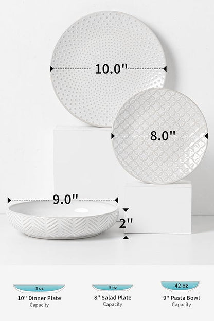 18-Piece Embossed Ceramic Dinnerware Set–6 Dinner Plates,6 Salad Plates,6 Pasta Bowls,Elegant & Durable Tableware,Dishwasher & Microwave Safe,Perfect for Family & Entertaining