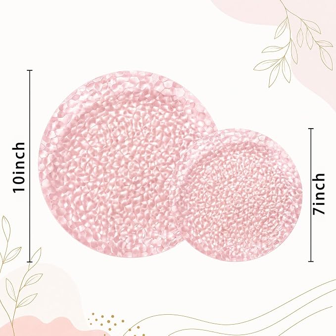 Rubtlamp 100 Pcs Clear Pink Plastic Plates, Hammered Plastic Pink Plates Set - Image 2