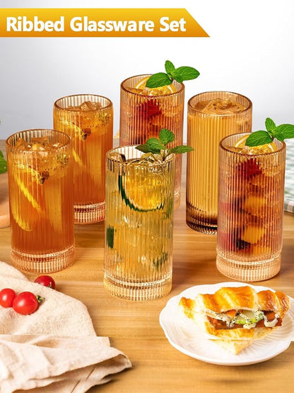 16Oz Amber Ribbed Glassware Set Of 6 – Vintage Drinking Glasses And Ribbed - Image 2