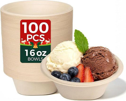 16 Oz [100 Pack] Small Disposable Paper Bowls - Heavy Duty and 100% Compostable - Natural Bagasse Biodegradable Bowls for Chili,Ice Cream,Dessert