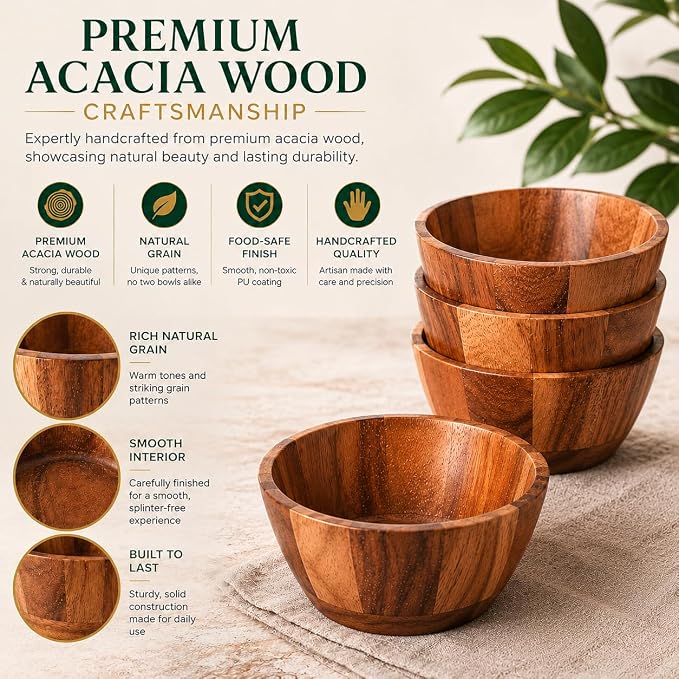 Acacia Wood Round Serving Bowls Set of 4 V Shape Handmade 4.33 Inch Medium Size - Image 2