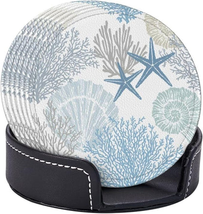 6 Pcs Sea Life Coral Starfish Print Blue Plant Leather Coasters - Image 6