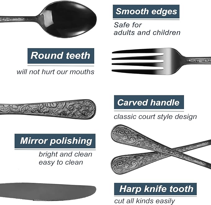Runfly Vintage Carved Black Stainless Steel 20-Piece Flatware Set | Silverware - Image 3