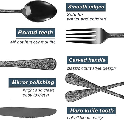 Runfly Vintage Carved Black Stainless Steel 20-Piece Flatware Set | Silverware - Image 3