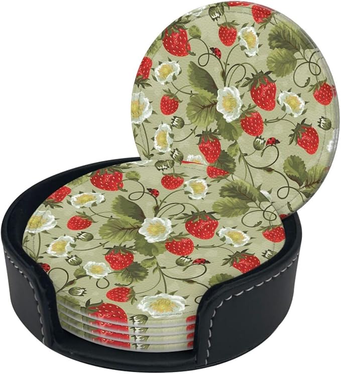 6 Pcs Strawberry Ladybug Leather Coasters - Image 2