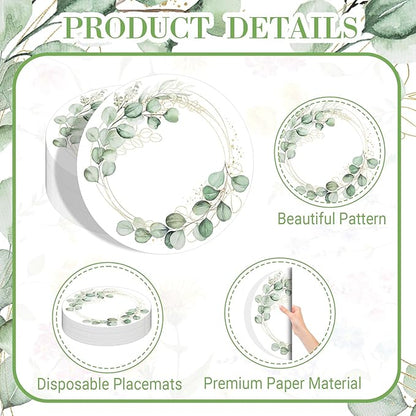 50PCS Eucalyptus & Gold Disposable Paper Placemats 13.5 Inch Spring Summer Round Eucalyptus Leaves Table Mats for Weddings, Bridal Showers & Modern Dining