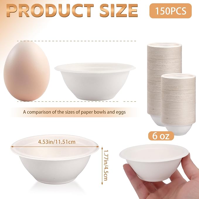 LeonBach 150 Pack 6 oz Natural Bagasse Fiber Paper Bowls, Small Compostable - Image 2
