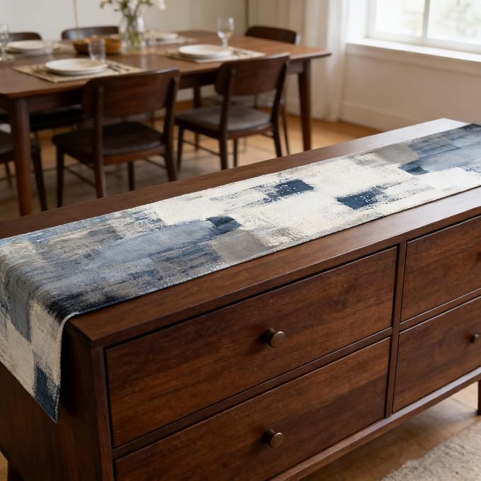 OYIMUA Blue and White Abstract Modern Table Runner, Art Rustic Kitchen Dining - Image 4
