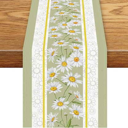 Daisy Table Runner, Rustic Spring Summer White Green Floral Flower Boho Vintage by Unknown
