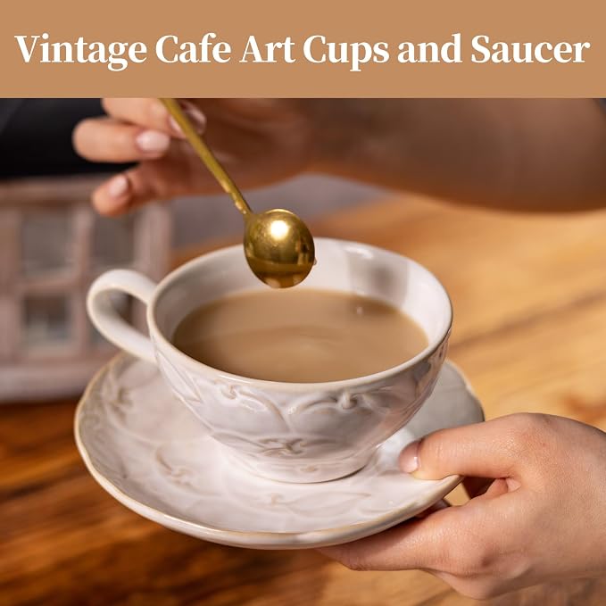 Ceramic Latte Cup with Saucer, 12 OZ Cappuccino Cup Vintage Cafe Art Cups - Image 5