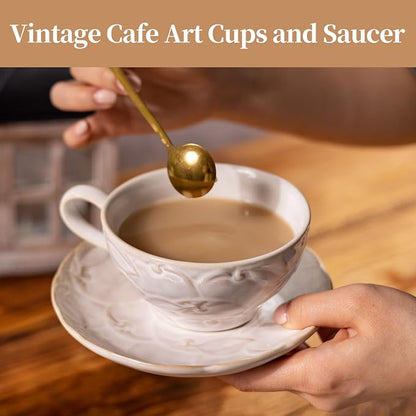 Ceramic Latte Cup with Saucer, 12 OZ Cappuccino Cup Vintage Cafe Art Cups - Image 5