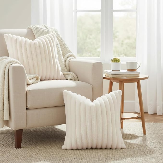 decorUhome Cozy Faux Fur Throw Pillow Covers 24x24 Set of 2 Decorative Soft Plush Striped Modern Farmhouse Boho Couch Euro Sham Pillow Cases with Velvet Back for Sofa Bed Living Room, Cream White