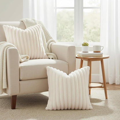 decorUhome Cozy Faux Fur Throw Pillow Covers 12x20 Set of 2 Decorative Soft Plush Striped Lumbar Modern Farmhouse Boho Couch Pillow Cases with Velvet Back for Sofa Bed Living Room, Cream White