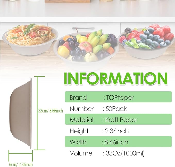 TOPtoper 33Oz 50Pack Large Paper Bowls, Disposable Bowls Bulk Leakproof and - Image 4