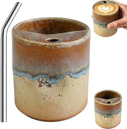 18oz Ceramic Coffee Mug with Sip Hole, Handleless Tumbler in a Vintage Kiln by Unknown
