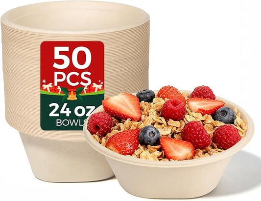 [50 Pack] 24 OZ Heavy Duty Disposable Paper Bowls - Made from Natural Bagasse - Eco-friendly Bowls for Hot Soup, Salad, Dessert
