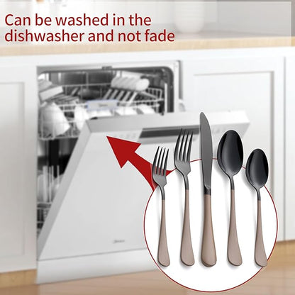 20-Piece Black Silverware Set 18/0 Stainless Steel Flatware Brown Handle Cutlery Set Service for 4 Dinner Knives Forks Spoons Set Mirror Finish Dishwasher Safe