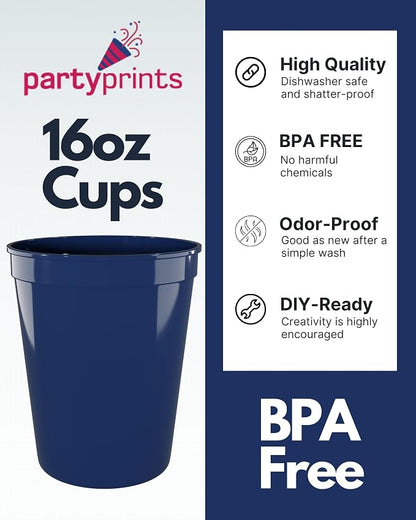 PartyPrints 100 Pack 16 oz Navy Blue Reusable Blank Plastic Cups, Stadium Cups - Image 2