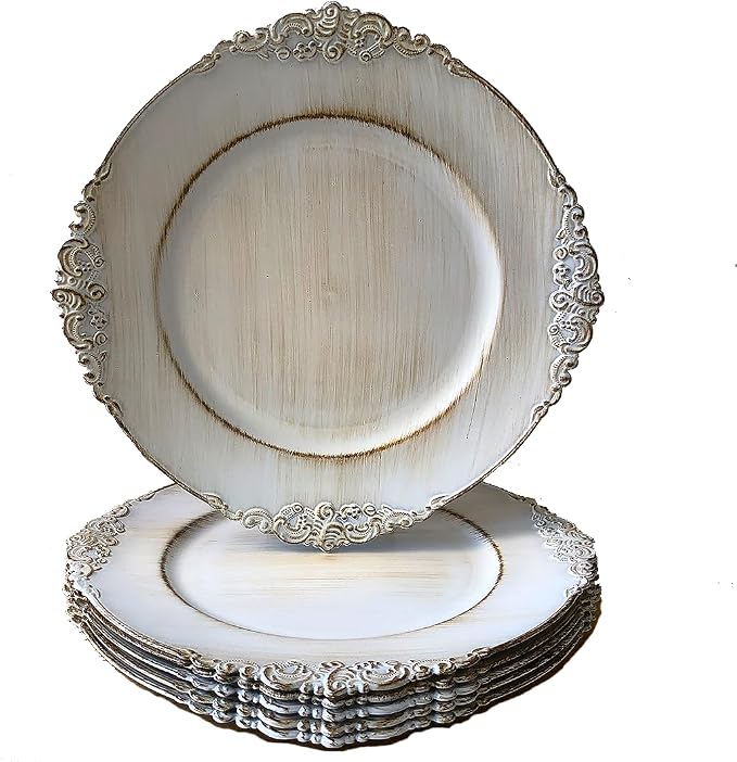 Antique White Charger Plates, 13 Inch Embossed Chargers by Umisriro