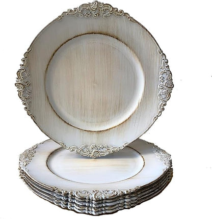 Antique White Charger Plates, 13 Inch Embossed Chargers by Umisriro