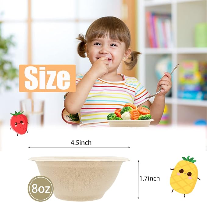 100 Pack 8oz Compostable Paper Bowls, Heavy-Duty Disposable Natural Bagasse - Image 2