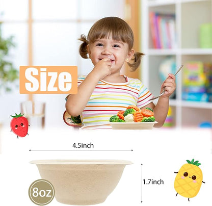 100 Pack 8oz Compostable Paper Bowls, Heavy-Duty Disposable Natural Bagasse - Image 2