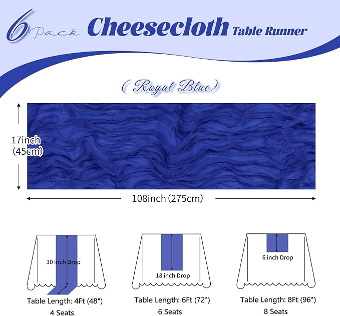 6 Pack Royal Blue Cheesecloth Table Runner, 17 x 108 inch, Semi Sheer Boho - Image 2
