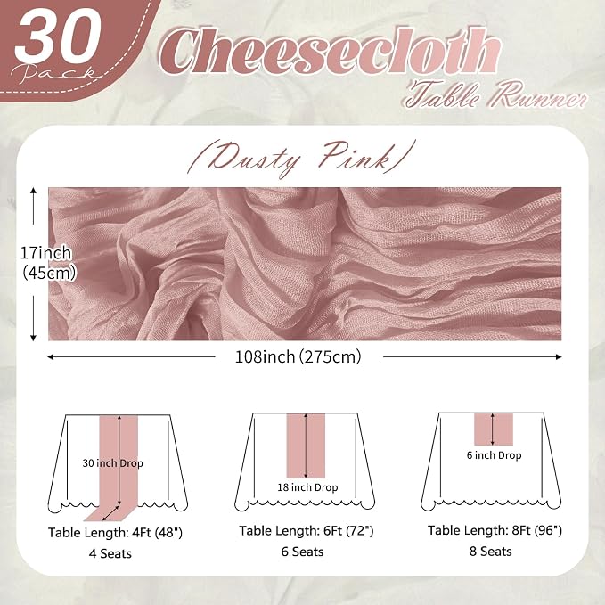 30 Pack Dusty Pink Cheesecloth Table Runner 17 x 108 inch Cheese Cloth Table - Image 2