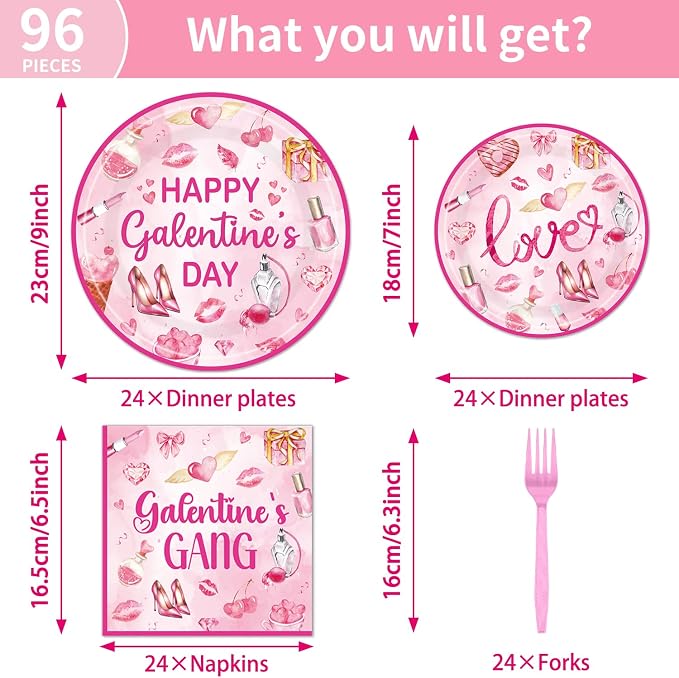 EUOYUFO 96Pcs Pink Galentine Party Decorations Tableware Set Happy Galentine's - Image 2