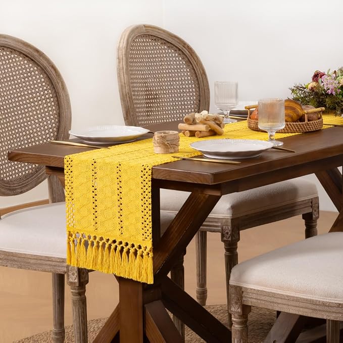 DeZerlor Yellow Boho Macrame Farmhouse Woven Table Runner 72Inch | Cotton Linen - Image 3