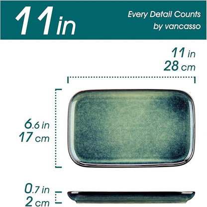 vancasso Stern Serving Platters Set of 4, 11 Inches Rectangular Ceramic Serving Plates, Green Serving Trays for Entertaining