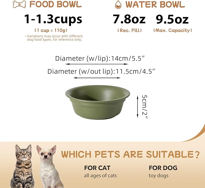 Ceramic 5.5inch Set of 2 Dog and Cat Bowls, 2pcs Basic 1 Cup Food or 9.5 oz Water Dishes for Puppy, Kitty, Wide Opening Rounded Edge (2 Bowls, Olive Green)