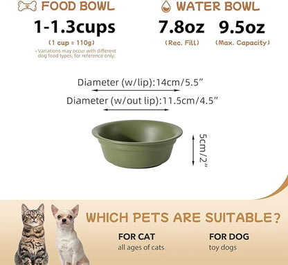 Ceramic 5.5inch Set of 2 Dog and Cat Bowls, 2pcs Basic 1 Cup Food or 9.5 oz Water Dishes for Puppy, Kitty, Wide Opening Rounded Edge (2 Bowls, Olive Green)