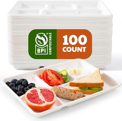 Compostable 5-Compartment Paper Plates, 100 Count, 12.5 x 8.6 inch, Disposable Divided Lunch Trays, Biodegradable Bagasse Sectional Plates for Buffet, Parties, Events & Daily Use, (White)