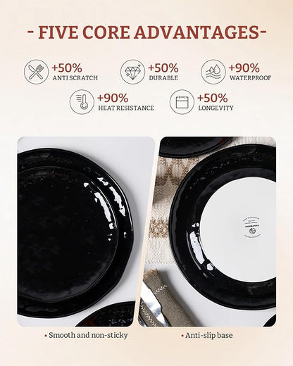 Famiware Porcelain kitchen plates and bowls set, Modern dishes set for 6, Handmade Wave Edge Dinnerware Sets, Microwave and Dishwasher Safe Tableware, Glossy-black (24pc)