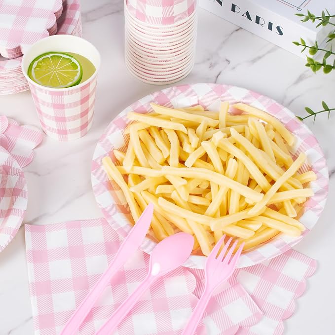 Vyntra 175 Pcs Pink & White Checkered Gingham Paper Plates and Napkins Set - Image 6