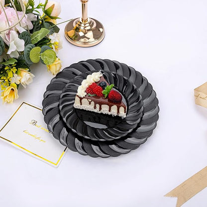 U-QE 100PCS Black Plastic Plates, Heavy Duty Black Disposable Plates Including 50PCS 9inch Dinner Plates & 50PCS 6.5inch Dessert Plates -Hard Plastic Plates for Party Wedding Bridal Shower
