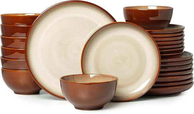 24 Piece Dinnerware Sets for 8, Modern Stoneware Plates and Bowls Sets by Pokini