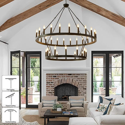 48 Inch Large Black Wagon Wheel Chandelier,2 Tier 36-Lights Farmhouse Industrial Country Style Round Pendant Light Fixture for Outdoor Porch high Ceilings Living Dining Room Foyer Entryway