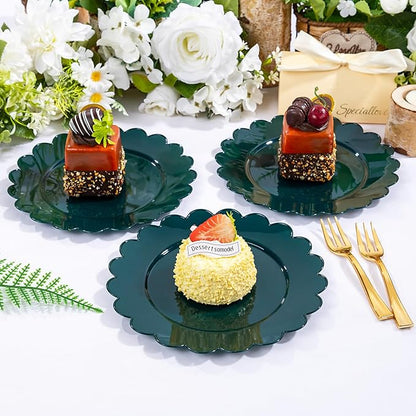 LIYH 200 Pcs Dark Green Dessert Plates - Disposable Cake Plates with Gold Forks, Gold Dessert Forks 5", Plastic Cake Plate 7.5" for Holiday Party