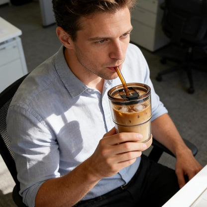 Zukro 13 oz Glass Cups with Lid and Straw 4 Pack, Non-Slip Rubber Bottom | Leak - Image 6