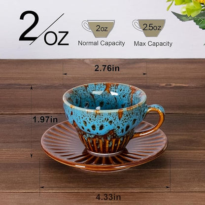 2 oz Espresso Cups and Saucers Set of 2, Ceramic Tea Cup - Image 2