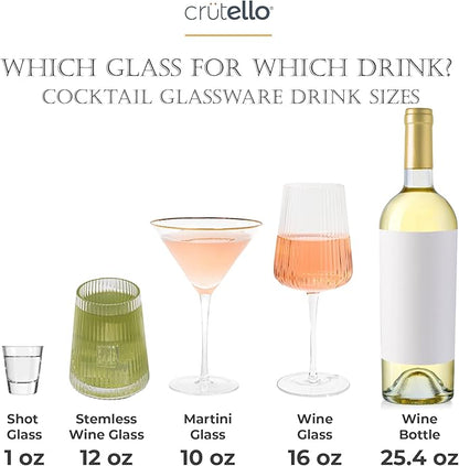 Crutello Modern Wine Glasses 12 oz Stemless, Set of 4, Unique Fluted Glassware with Vintage Ripple Texture, Art Deco Red or White Wine Fancy Glasses