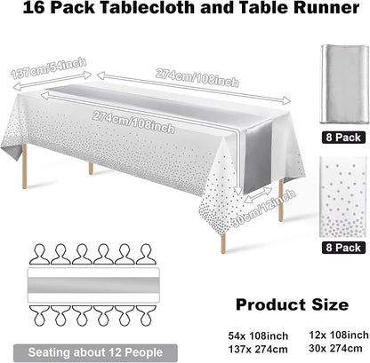 MASHAN 16Pack Disposable Plastic Tablecloths and Satin Table Runner Set White - Image 2