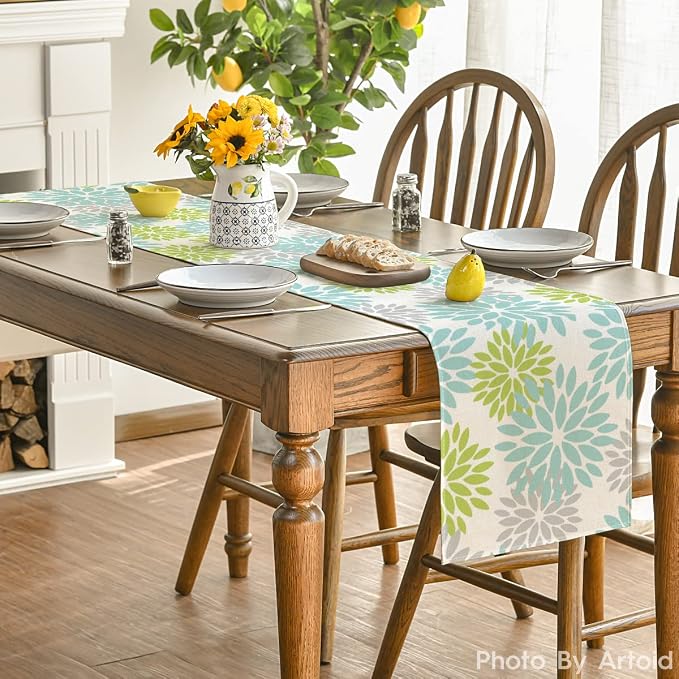 Artoid Mode Green Dahlia Floral Pinnata Summer Table Runner, Spring Kitchen - Image 4