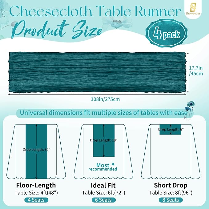 Showgeous 4 Pack Teal Cheesecloth Table Runner, 17 x 108 Inches | Boho - Image 2